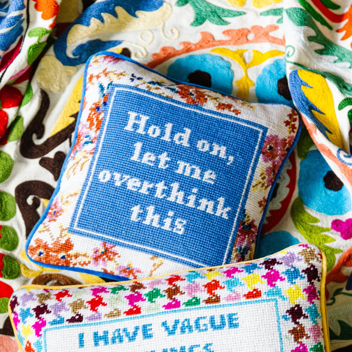 Furbish Studio Overthink Needlepoint Pillow front | MILK MONEY milkmoney.co | Home decor online, Modern home decor, Luxury home furnishings, Best home decor, Home accessories for sale, Living room furniture sets, Kitchen decor ideas, Wall art for home, Bathroom accessories, Vintage home decor, Minimalist home decor