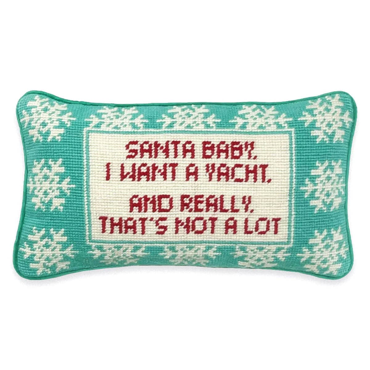 Furbish Studio Santa I Want A Yacht Needlepoint Pillow front | MILK MONEY milkmoney.co | women's accessories. cute accessories. trendy accessories. cute accessories for girls. ladies accessories. women's fashion accessories.