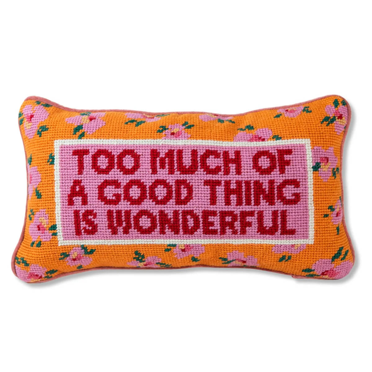 Furbish Studio Too Much Needlepoint Pillow pink front | MILK MONEY milkmoney.co | Home decor online, Modern home decor, Luxury home furnishings, Best home decor, Home accessories for sale, Living room furniture sets, Kitchen decor ideas, Wall art for home, Bathroom accessories, Vintage home decor, Minimalist home decor