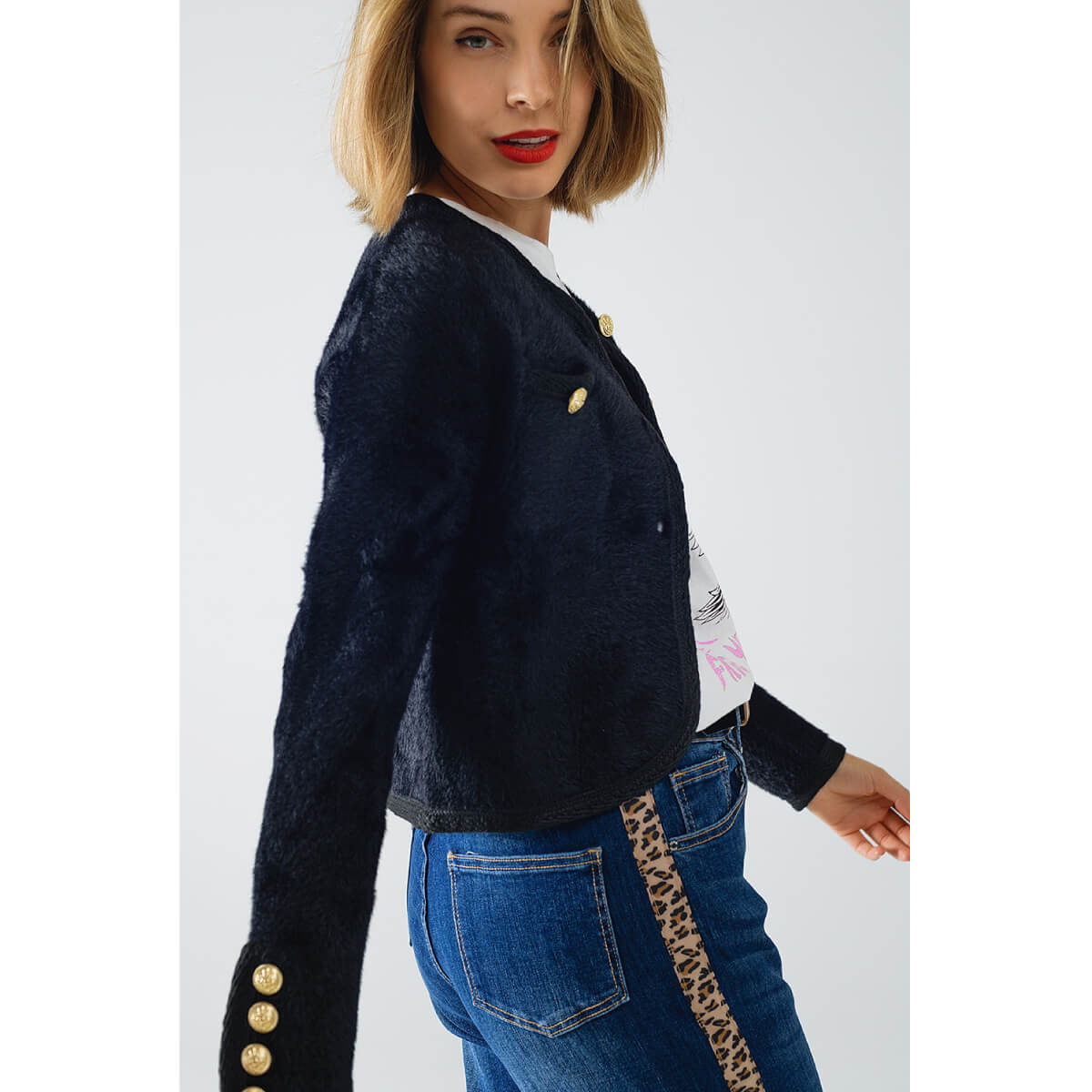 Fuzzy Knit Button Up Lady Coat Cardigan side black | MILK MONEY milkmoney.co | cute clothes for women. womens online clothing. trendy online clothing stores. womens casual clothing online. trendy clothes online. trendy women's clothing online. ladies online clothing stores. trendy women's clothing stores. cute female clothes.