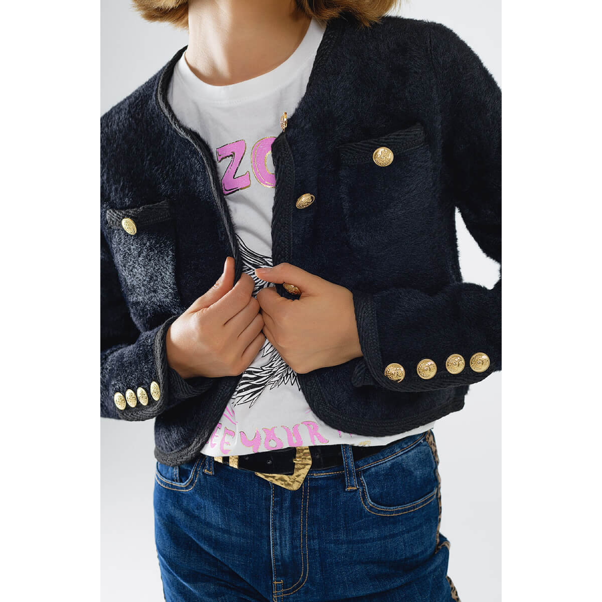 Fuzzy Knit Button Up Lady Coat Cardigan front black | MILK MONEY milkmoney.co | cute clothes for women. womens online clothing. trendy online clothing stores. womens casual clothing online. trendy clothes online. trendy women's clothing online. ladies online clothing stores. trendy women's clothing stores. cute female clothes.