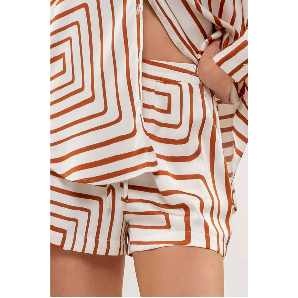 Geo Print High Waisted Mini Shorts brown front | MILK MONEY milkmoney.co | cute clothes for women. womens online clothing. trendy online clothing stores. womens casual clothing online. trendy clothes online. trendy women's clothing online. ladies online clothing stores. trendy women's clothing stores. cute female clothes.