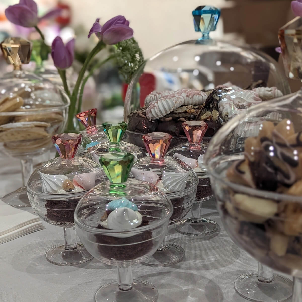 Cut Glass Footed Jar with Colored Diamond Shaped Lids