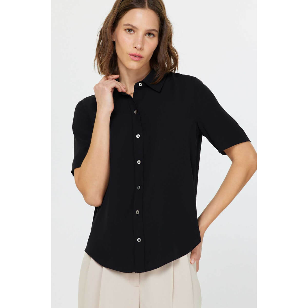 Half Sleeve Button Down Shirt black front| MILK MONEY milkmoney.co | cute tops for women. trendy tops for women. cute blouses for women. stylish tops for women. pretty womens tops.