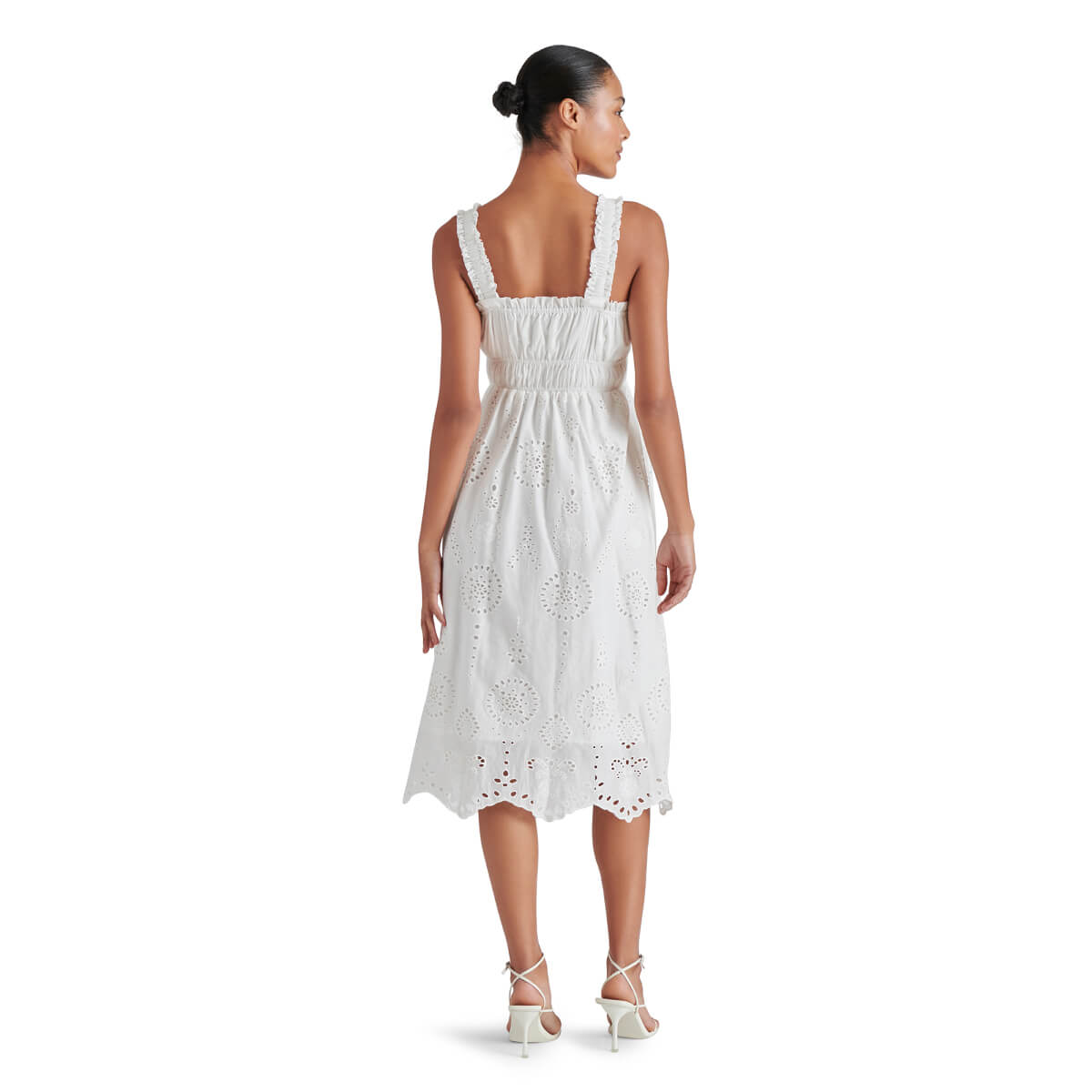 Steve Madden Harmony Eyelet Embroidered Midi Dress white back | MILK MONEY milkmoney.co | cute clothes for women. womens online clothing. trendy online clothing stores. womens casual clothing online. trendy clothes online. trendy women's clothing online. ladies online clothing stores. trendy women's clothing stores. cute female clothes.