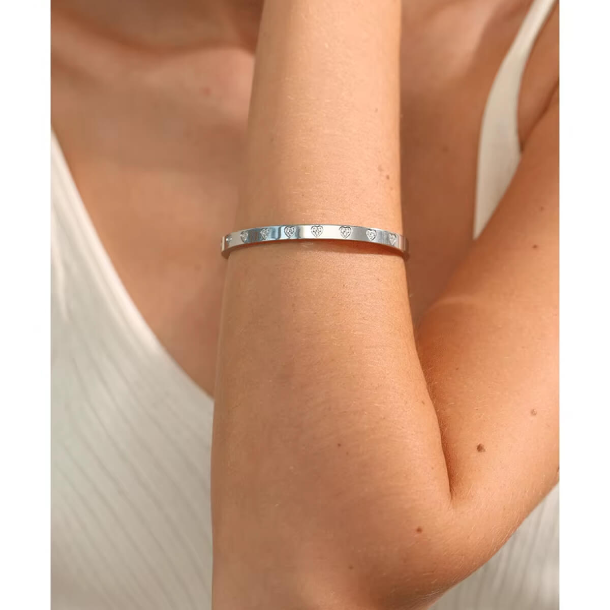 Heart Crystal Bangle Bracelet silver front | MILK MONEY milkmoney.co | cute bracelets. cool bracelets. beach bracelets. bracelet packs. cute cheap bracelets. cute simple bracelets. cute bracelets with beads. cute women's bracelets.