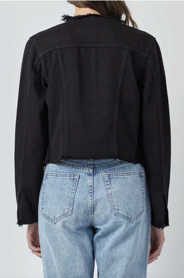 Hidden Jeans Distressed Collarless Denim Jacket black back | MILK MONEY milkmoney.co | cute jackets for women. cute coats. cool jackets for women. stylish jackets for women. trendy jackets for women. trendy womens coats.
