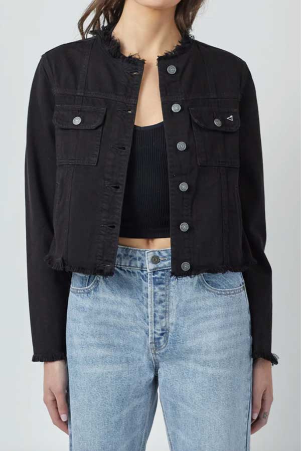 Hidden Jeans Distressed Collarless Denim Jacket black front | MILK MONEY milkmoney.co | cute jackets for women. cute coats. cool jackets for women. stylish jackets for women. trendy jackets for women. trendy womens coats.