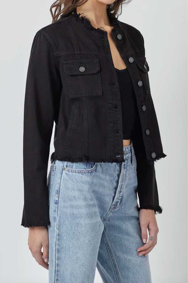 Hidden Jeans Distressed Collarless Denim Jacket black side | MILK MONEY milkmoney.co | cute jackets for women. cute coats. cool jackets for women. stylish jackets for women. trendy jackets for women. trendy womens coats.