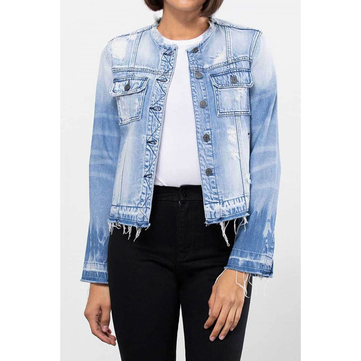 Hidden Jeans Distressed Collarless Denim Jacket