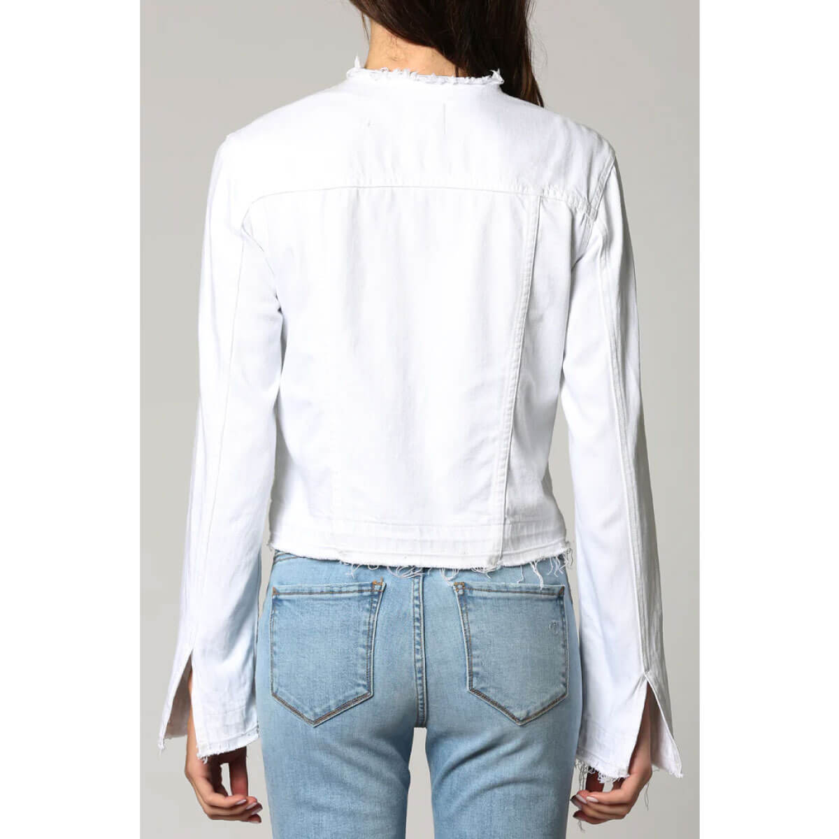 Hidden Jeans Distressed Collarless Denim Jacket white back| MILK MONEY milkmoney.co | cute jackets for women. cute coats. cool jackets for women. stylish jackets for women. trendy jackets for women. trendy womens coats.