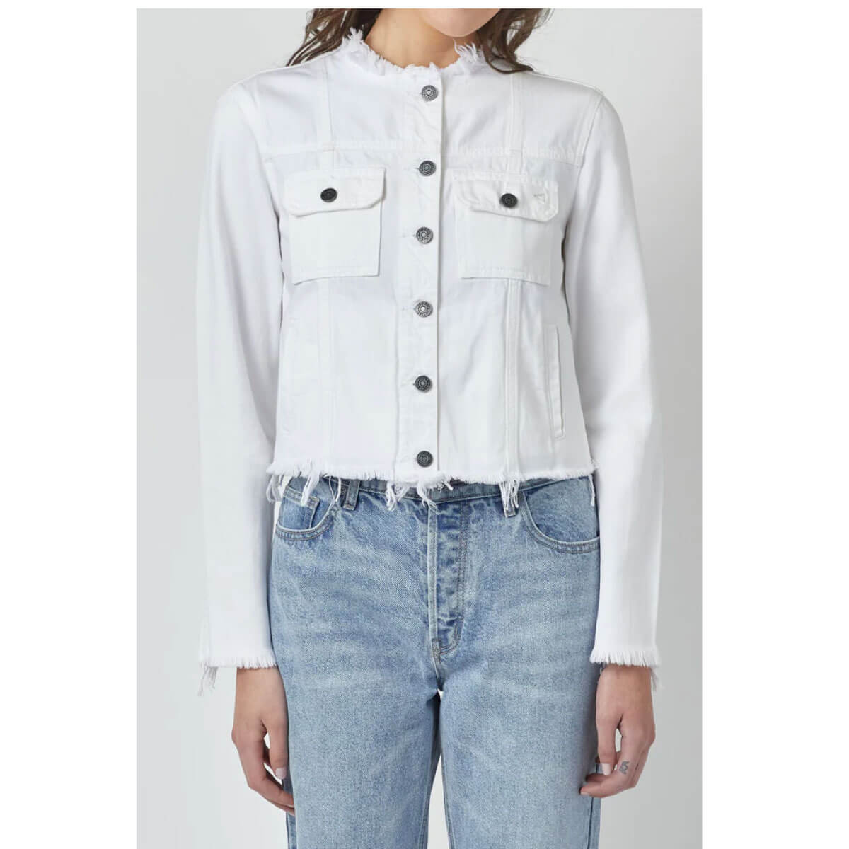 Hidden Jeans Distressed Collarless Denim Jacket white front | MILK MONEY milkmoney.co | cute jackets for women. cute coats. cool jackets for women. stylish jackets for women. trendy jackets for women. trendy womens coats.