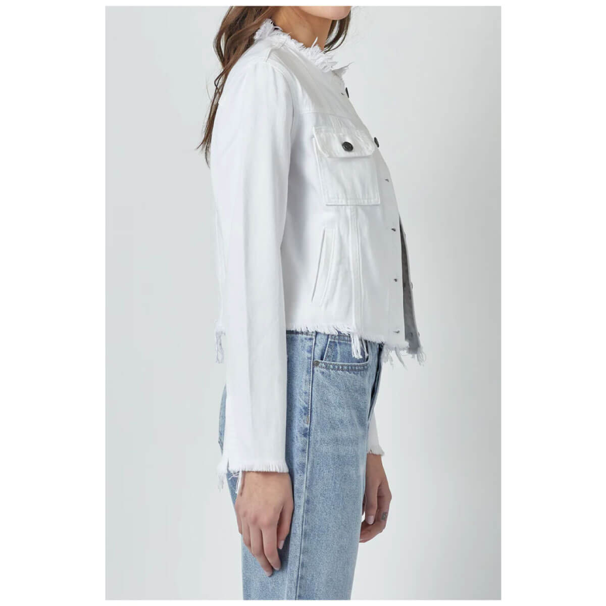 Hidden Jeans Distressed Collarless Denim Jacket white side | MILK MONEY milkmoney.co | cute jackets for women. cute coats. cool jackets for women. stylish jackets for women. trendy jackets for women. trendy womens coats.