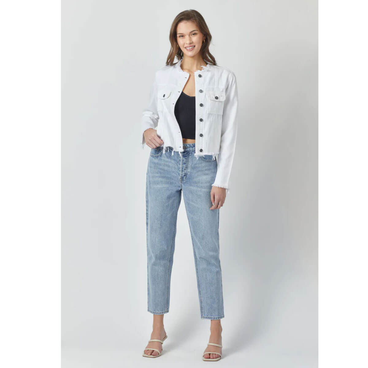 Hidden Jeans Distressed Collarless Denim Jacket white front | MILK MONEY milkmoney.co | cute jackets for women. cute coats. cool jackets for women. stylish jackets for women. trendy jackets for women. trendy womens coats.