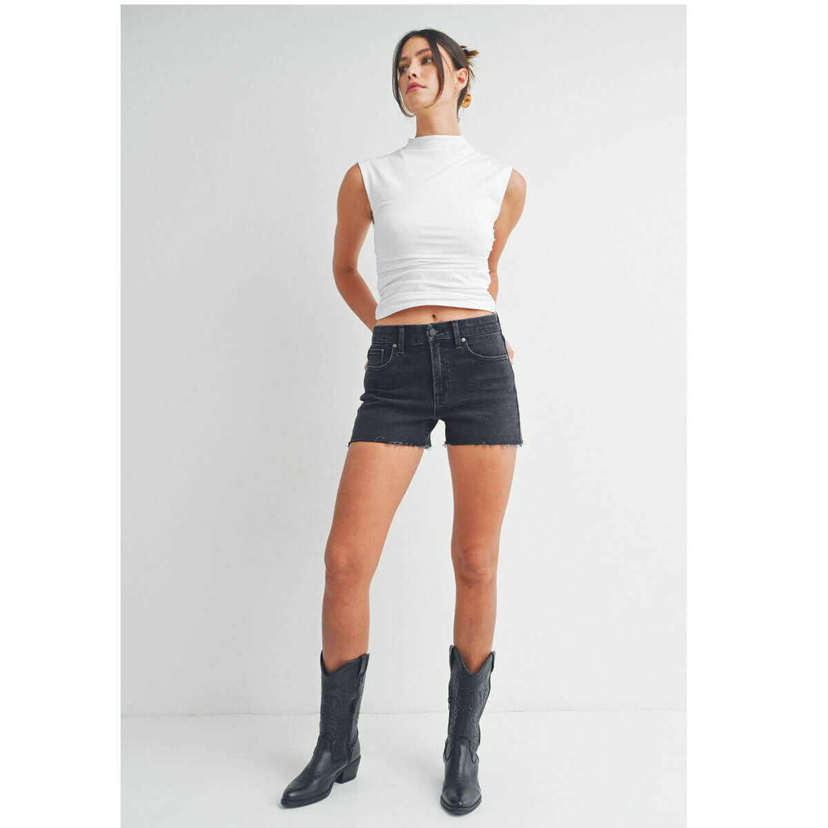 High Rise Comfort Stretch Jean Shorts black front | MILK MONEY milkmoney.co | cute clothes for women. womens online clothing. trendy online clothing stores. womens casual clothing online. trendy clothes online. trendy women's clothing online. ladies online clothing stores. trendy women's clothing stores. cute female clothes.