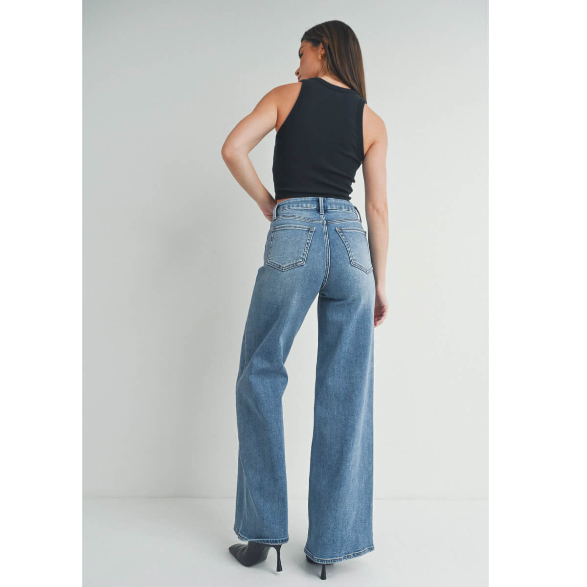 High Rise Palazzo Wide Leg Jean blue | MILK MONEY milkmoney.co | cute clothes for women. womens online clothing. trendy online clothing stores. womens casual clothing online. trendy clothes online. trendy women's clothing online. ladies online clothing stores. trendy women's clothing stores. cute female clothes.
