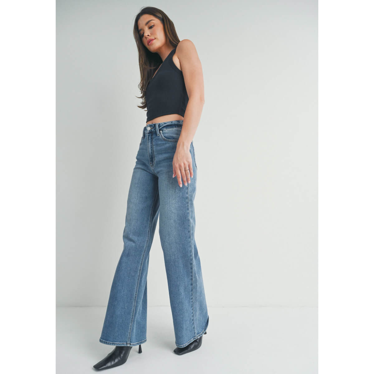 High Rise Palazzo Wide Leg Jean blue | MILK MONEY milkmoney.co | cute clothes for women. womens online clothing. trendy online clothing stores. womens casual clothing online. trendy clothes online. trendy women's clothing online. ladies online clothing stores. trendy women's clothing stores. cute female clothes.
