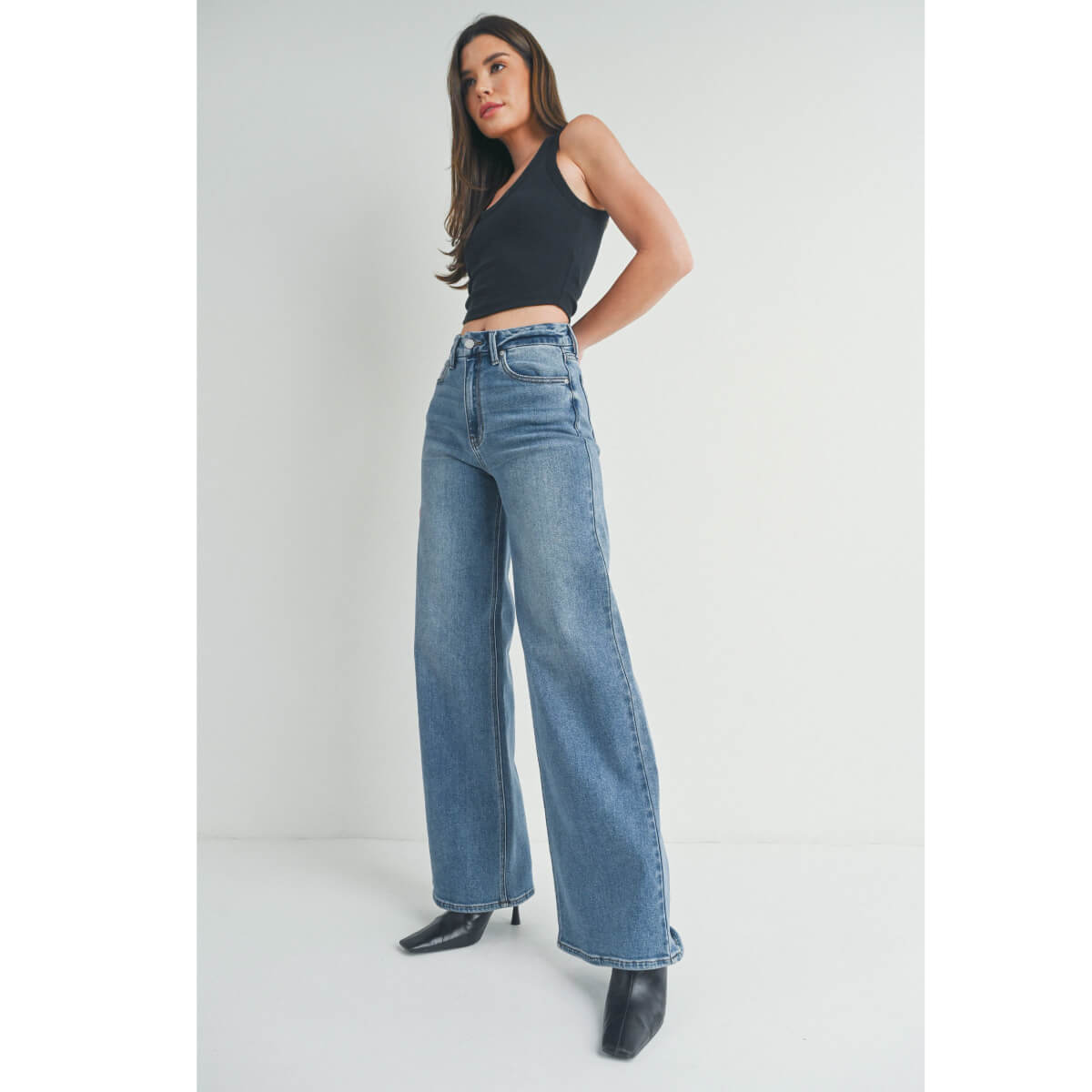 High Rise Palazzo Wide Leg Jean blue | MILK MONEY milkmoney.co | cute clothes for women. womens online clothing. trendy online clothing stores. womens casual clothing online. trendy clothes online. trendy women's clothing online. ladies online clothing stores. trendy women's clothing stores. cute female clothes.