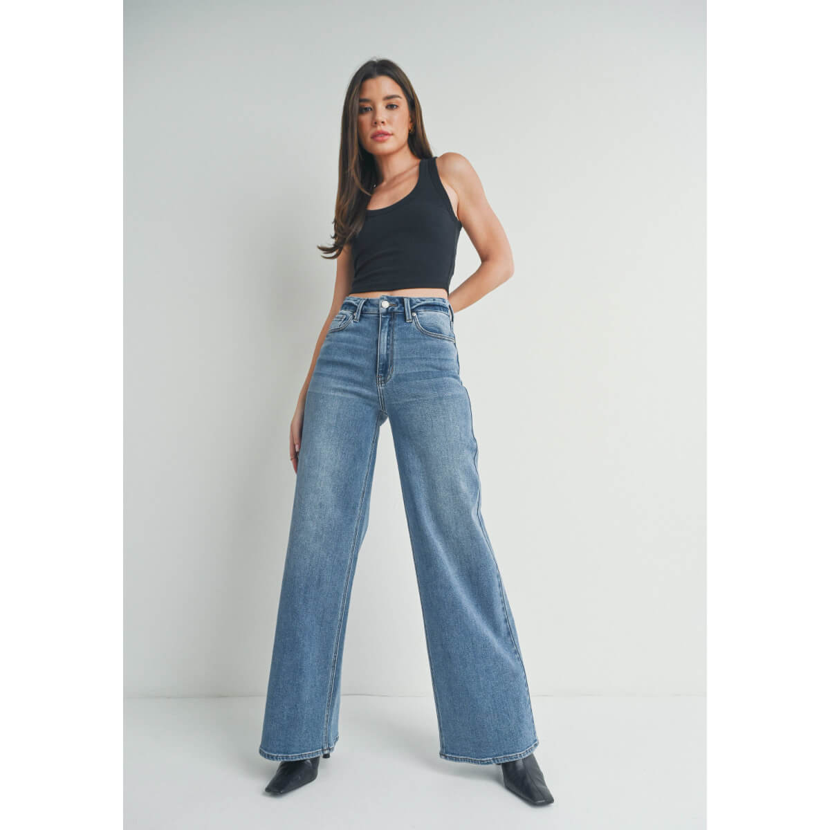 High Rise Palazzo Wide Leg Jean blue | MILK MONEY milkmoney.co | cute clothes for women. womens online clothing. trendy online clothing stores. womens casual clothing online. trendy clothes online. trendy women's clothing online. ladies online clothing stores. trendy women's clothing stores. cute female clothes.