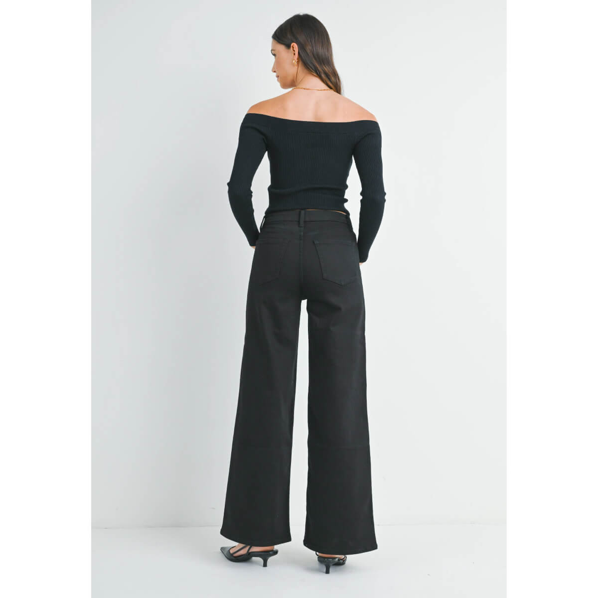 High Rise Palazzo Wide-Leg Jeans black back | MILK MONEY milkmoney.co | cute clothes for women. womens online clothing. trendy online clothing stores. womens casual clothing online. trendy clothes online. trendy women's clothing online. ladies online clothing stores. trendy women's clothing stores. cute female clothes.