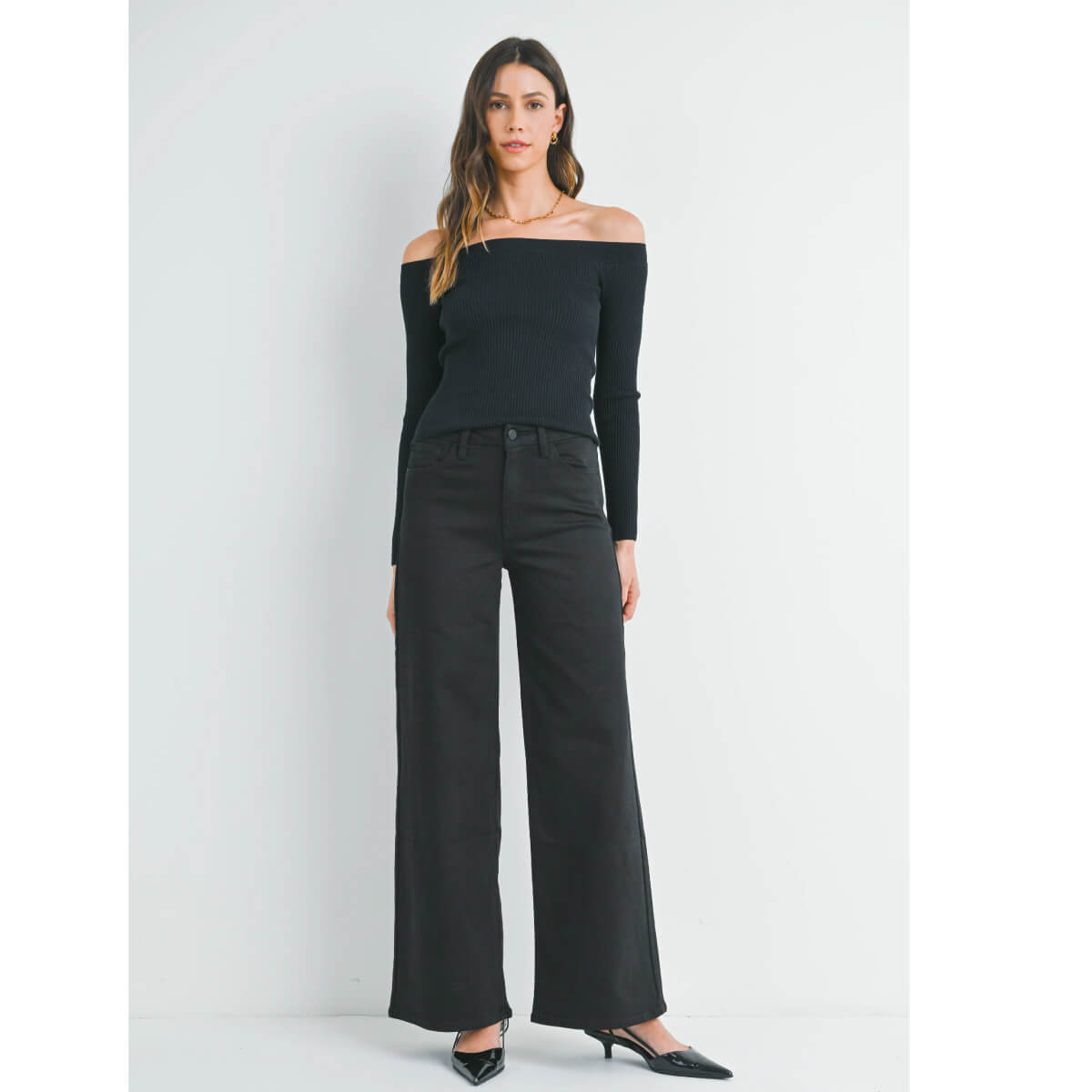 High Rise Palazzo Wide-Leg Jeans black front | MILK MONEY milkmoney.co | cute clothes for women. womens online clothing. trendy online clothing stores. womens casual clothing online. trendy clothes online. trendy women's clothing online. ladies online clothing stores. trendy women's clothing stores. cute female clothes.