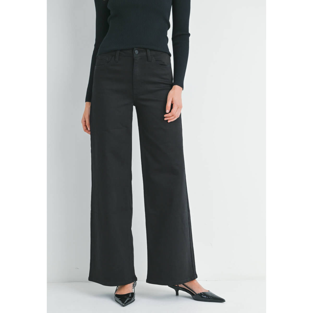 High Rise Palazzo Wide-Leg Jeans black front | MILK MONEY milkmoney.co | cute clothes for women. womens online clothing. trendy online clothing stores. womens casual clothing online. trendy clothes online. trendy women's clothing online. ladies online clothing stores. trendy women's clothing stores. cute female clothes.
