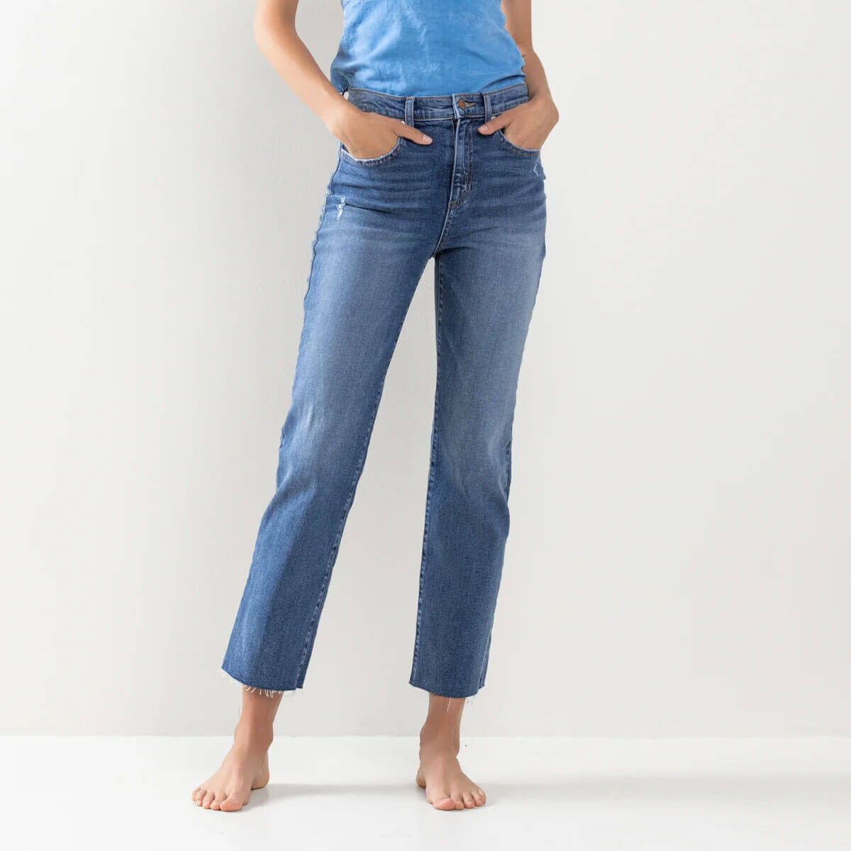 High Rise Raw Hem Straight Leg Jeans blue front | MILK MONEY milkmoney.co | cute clothes for women. womens online clothing. trendy online clothing stores. womens casual clothing online. trendy clothes online. trendy women's clothing online. ladies online clothing stores. trendy women's clothing stores. cute female clothes.