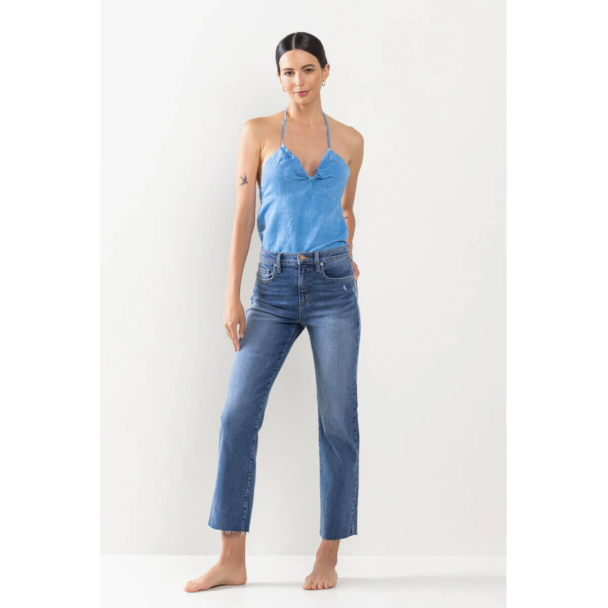 High Rise Raw Hem Straight Leg Jeans blue front | MILK MONEY milkmoney.co | cute clothes for women. womens online clothing. trendy online clothing stores. womens casual clothing online. trendy clothes online. trendy women's clothing online. ladies online clothing stores. trendy women's clothing stores. cute female clothes.