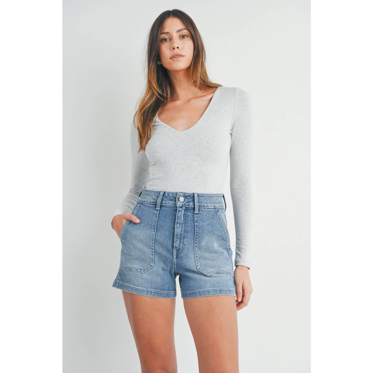 High Rise Utility Pocket Jean Shorts blue front | MILK MONEY milkmoney.co | cute clothes for women. womens online clothing. trendy online clothing stores. womens casual clothing online. trendy clothes online. trendy women's clothing online. ladies online clothing stores. trendy women's clothing stores. cute female clothes.