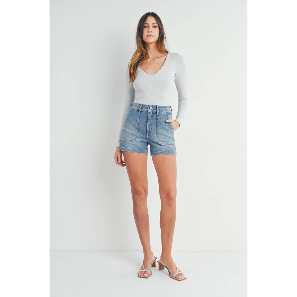 High Rise Utility Pocket Jean Shorts blue front | MILK MONEY milkmoney.co | cute clothes for women. womens online clothing. trendy online clothing stores. womens casual clothing online. trendy clothes online. trendy women's clothing online. ladies online clothing stores. trendy women's clothing stores. cute female clothes.