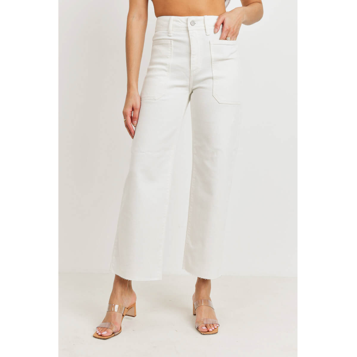 High Rise Utility Wide Leg Jeans white front | MILK MONEY milkmoney.co | cute clothes for women. womens online clothing. trendy online clothing stores. womens casual clothing online. trendy clothes online. trendy women's clothing online. ladies online clothing stores. trendy women's clothing stores. cute female clothes.