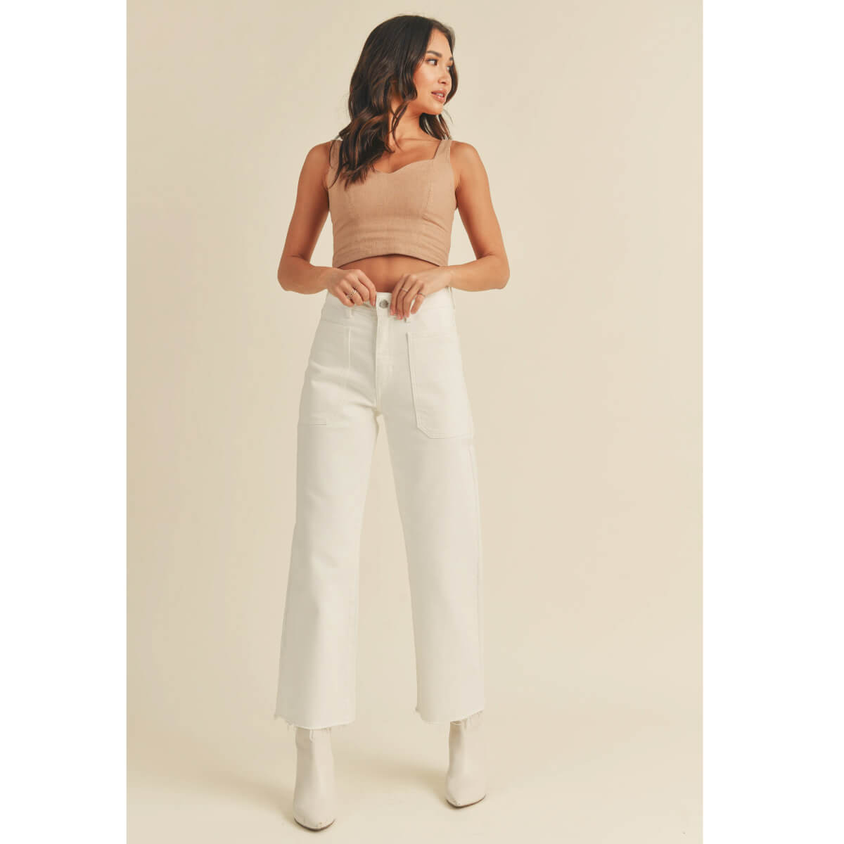 High Rise Utility Wide Leg Jeans white front | MILK MONEY milkmoney.co | cute clothes for women. womens online clothing. trendy online clothing stores. womens casual clothing online. trendy clothes online. trendy women's clothing online. ladies online clothing stores. trendy women's clothing stores. cute female clothes.