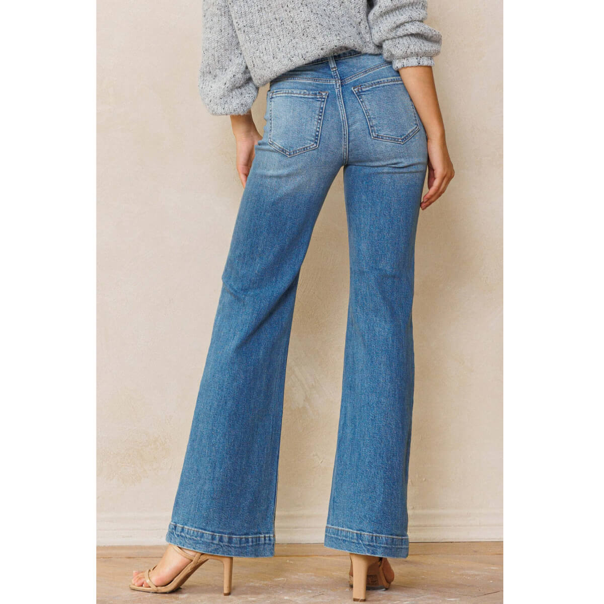 High Rise Wide Leg Palazzo Jeans blue back | MILK MONEY milkmoney.co | cute clothes for women. womens online clothing. trendy online clothing stores. womens casual clothing online. trendy clothes online. trendy women's clothing online. ladies online clothing stores. trendy women's clothing stores. cute female clothes.