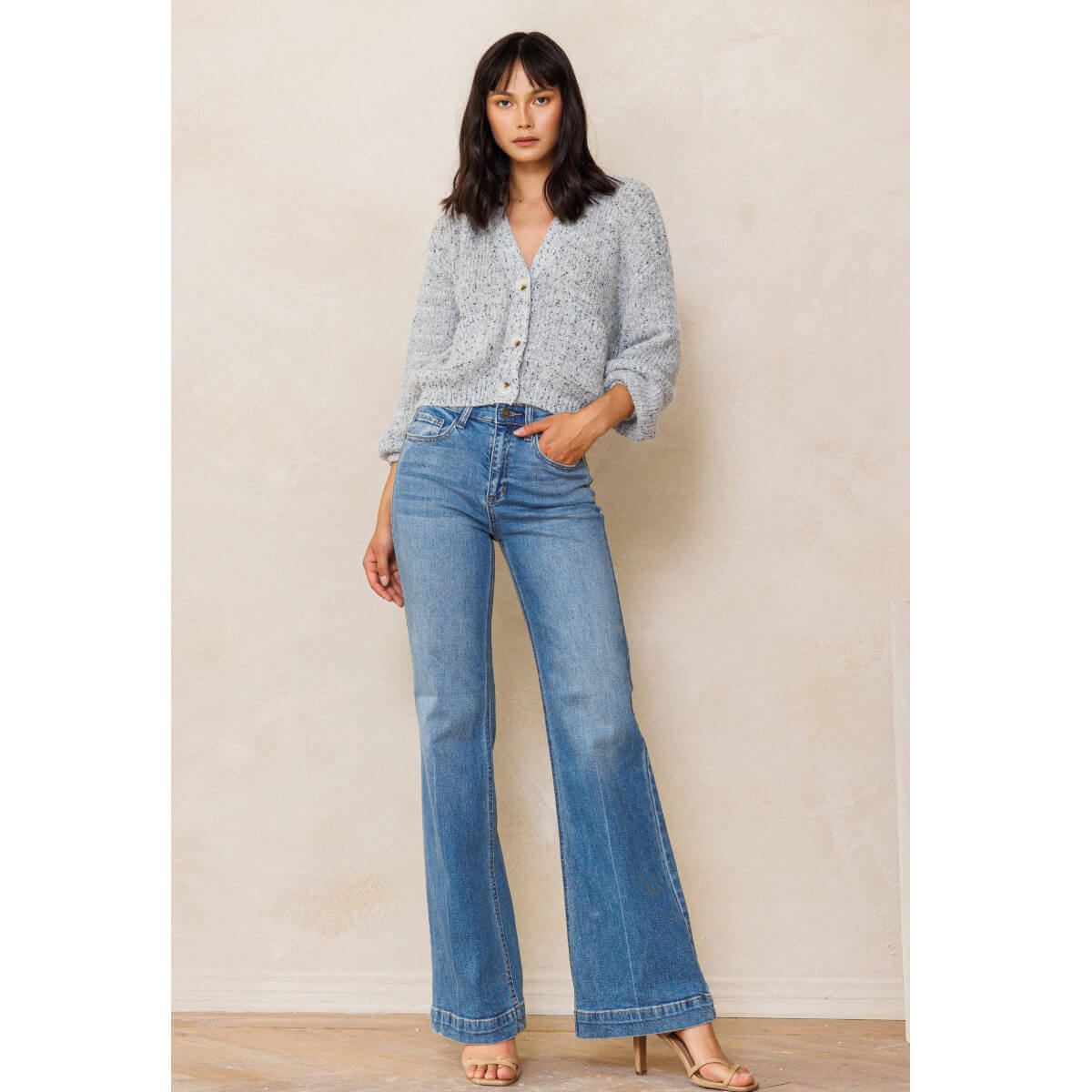 High Rise Wide Leg Palazzo Jeans blue front | MILK MONEY milkmoney.co | cute clothes for women. womens online clothing. trendy online clothing stores. womens casual clothing online. trendy clothes online. trendy women's clothing online. ladies online clothing stores. trendy women's clothing stores. cute female clothes.
