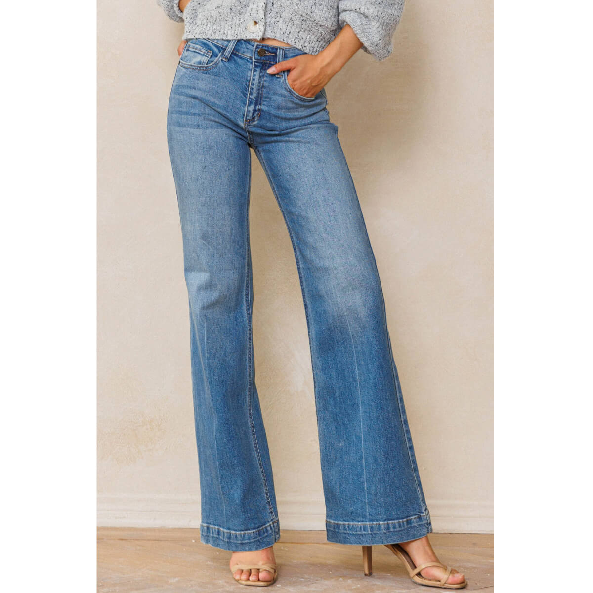 High Rise Wide Leg Palazzo Jeans blue front | MILK MONEY milkmoney.co | cute clothes for women. womens online clothing. trendy online clothing stores. womens casual clothing online. trendy clothes online. trendy women's clothing online. ladies online clothing stores. trendy women's clothing stores. cute female clothes.