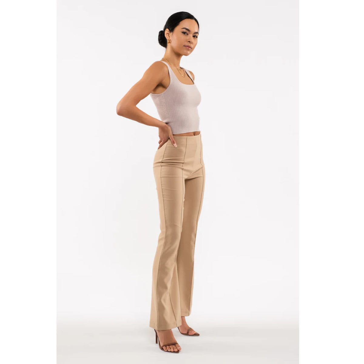High Waisted Flared Leg Pant khaki side | MILK MONEY milkmoney.co | cute pants for women. cute trendy pants.