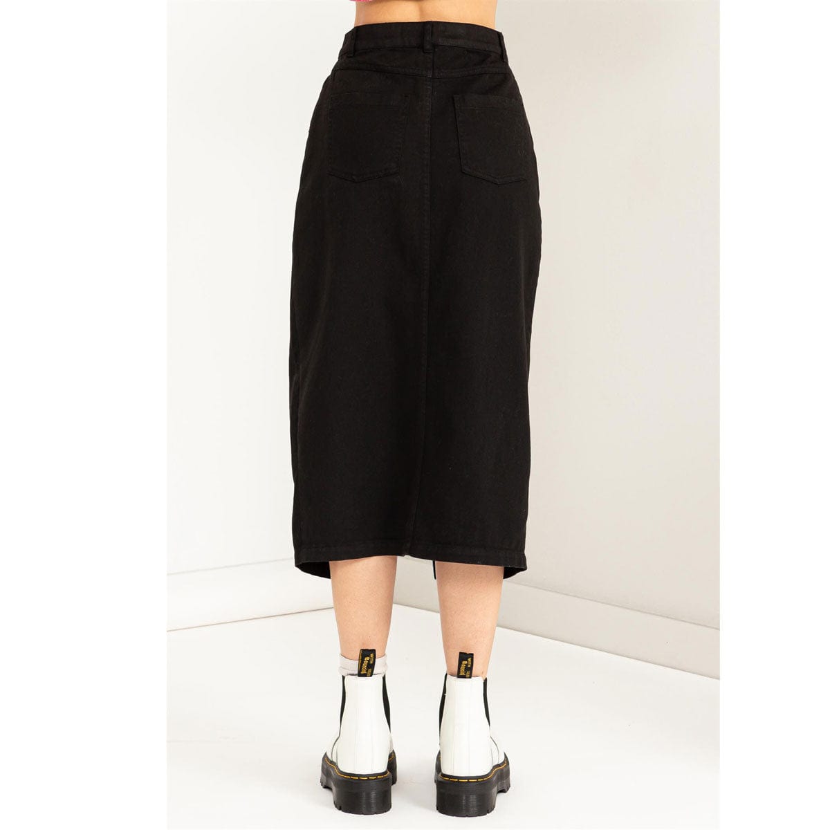 High Waisted Midi Skirt black back | MILK MONEY milkmoney.co | cute clothes for women. womens online clothing. trendy online clothing stores. womens casual clothing online. trendy clothes online. trendy women's clothing online. ladies online clothing stores. trendy women's clothing stores. cute female clothes.
