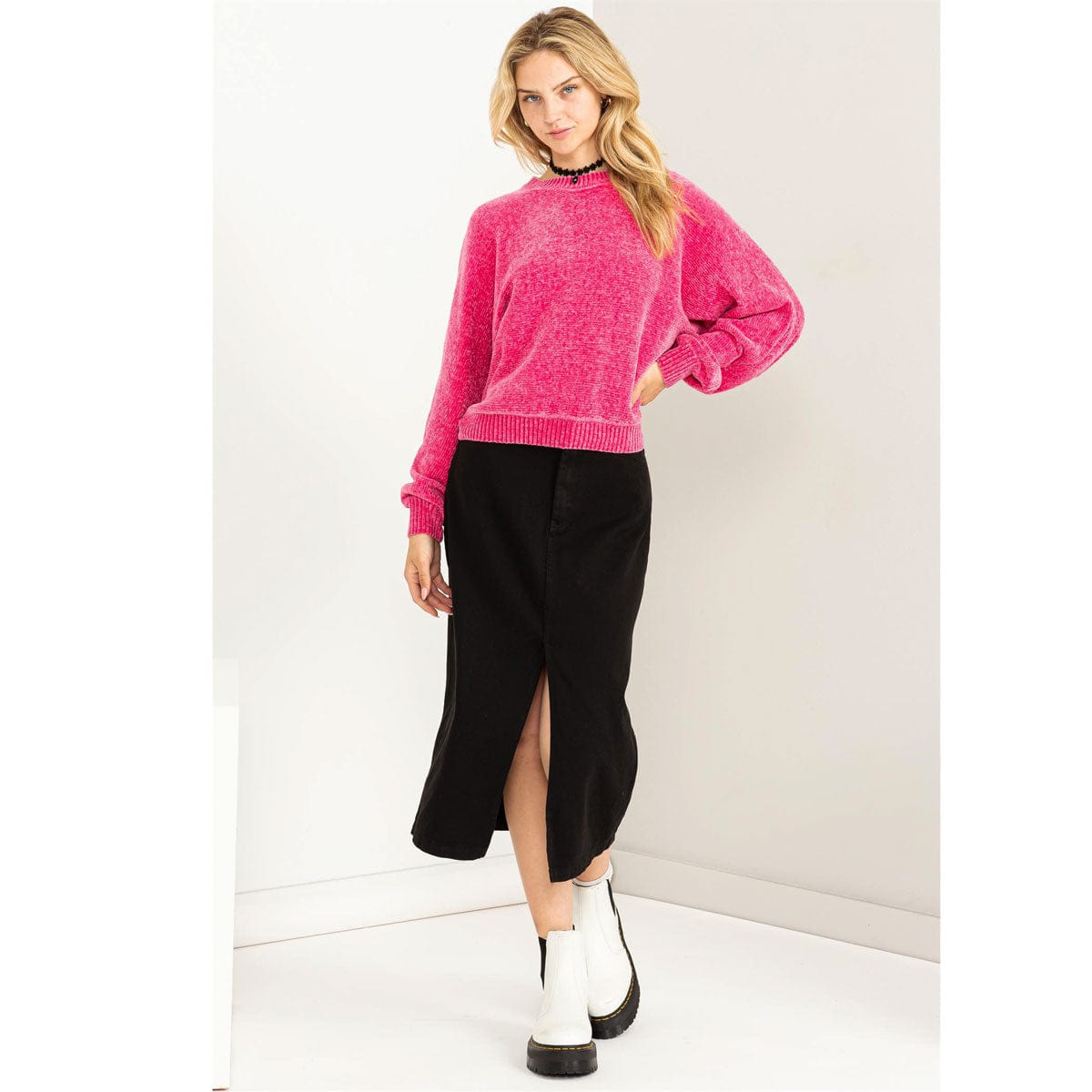 High Waisted Midi Skirt black front | MILK MONEY milkmoney.co | cute clothes for women. womens online clothing. trendy online clothing stores. womens casual clothing online. trendy clothes online. trendy women's clothing online. ladies online clothing stores. trendy women's clothing stores. cute female clothes.