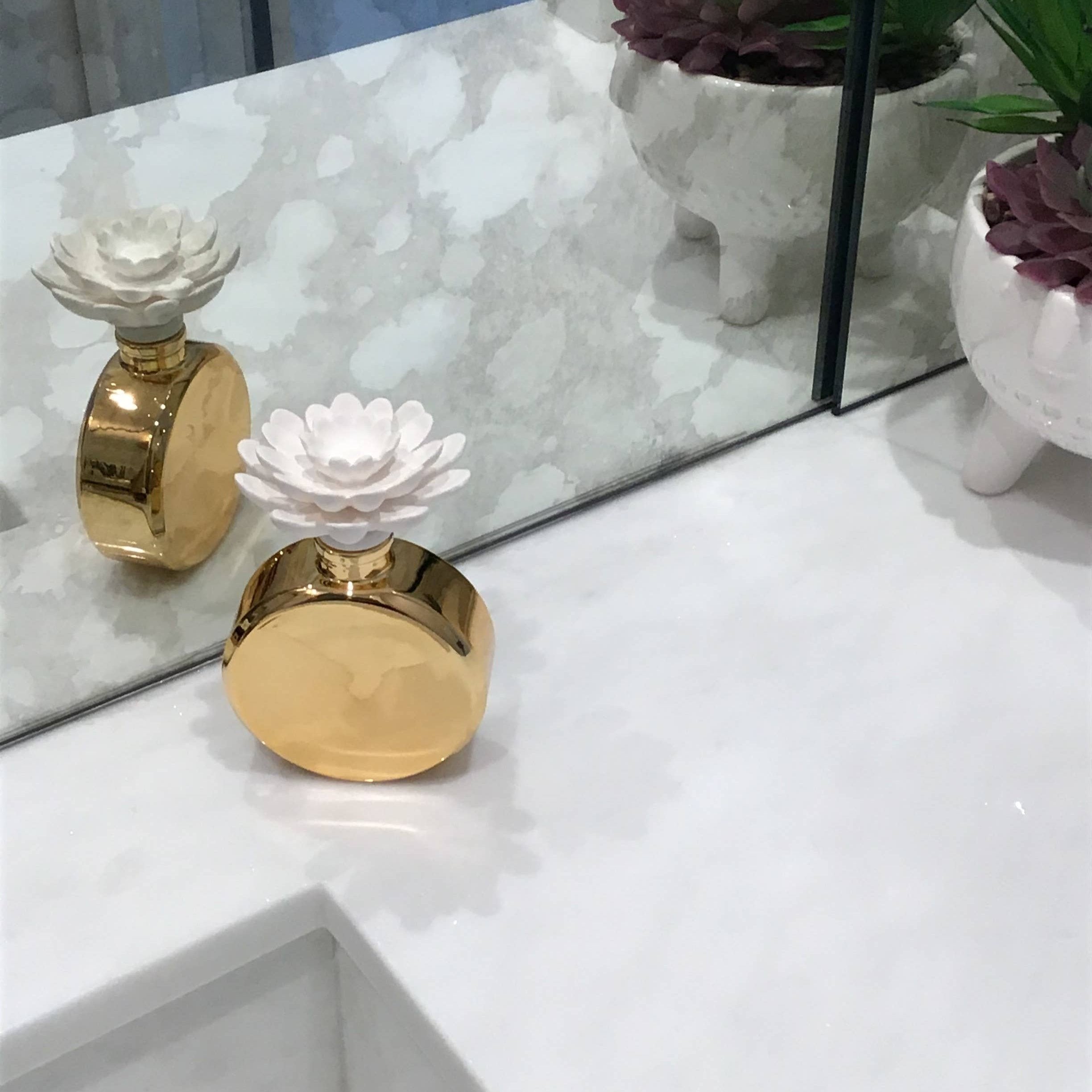 Iris & Rose Porcelain Flower Diffuser front gold | MILK MONEY milkmoney.co | white elephant gift ideas, gift, mother's day gift ideas, white elephant gift, gift shops near me, cute home decor, mother's day gift, cute home accents, handmade in USA, elegant home decor