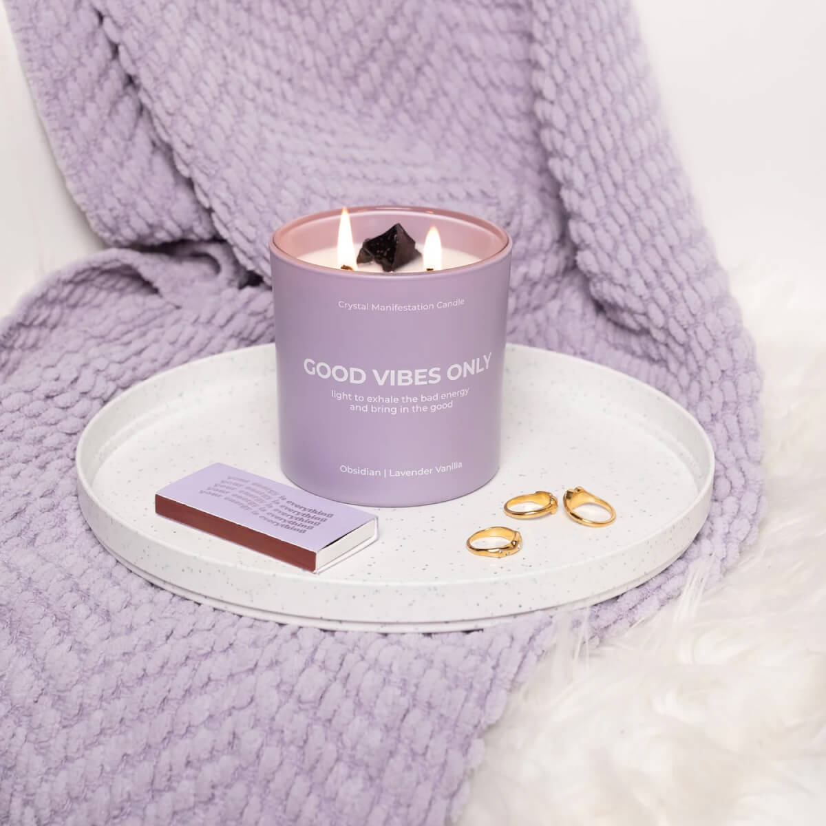 Jill & Ally Good Vibes Crystal Manifestation Candle front purple | MILK MONEY milkmoney.co | white elephant gift ideas, gift, mother's day gift ideas, white elephant gift, gift shops near me, cute home decor, mother's day gift, cute home accents, handmade in USA, elegant home decor