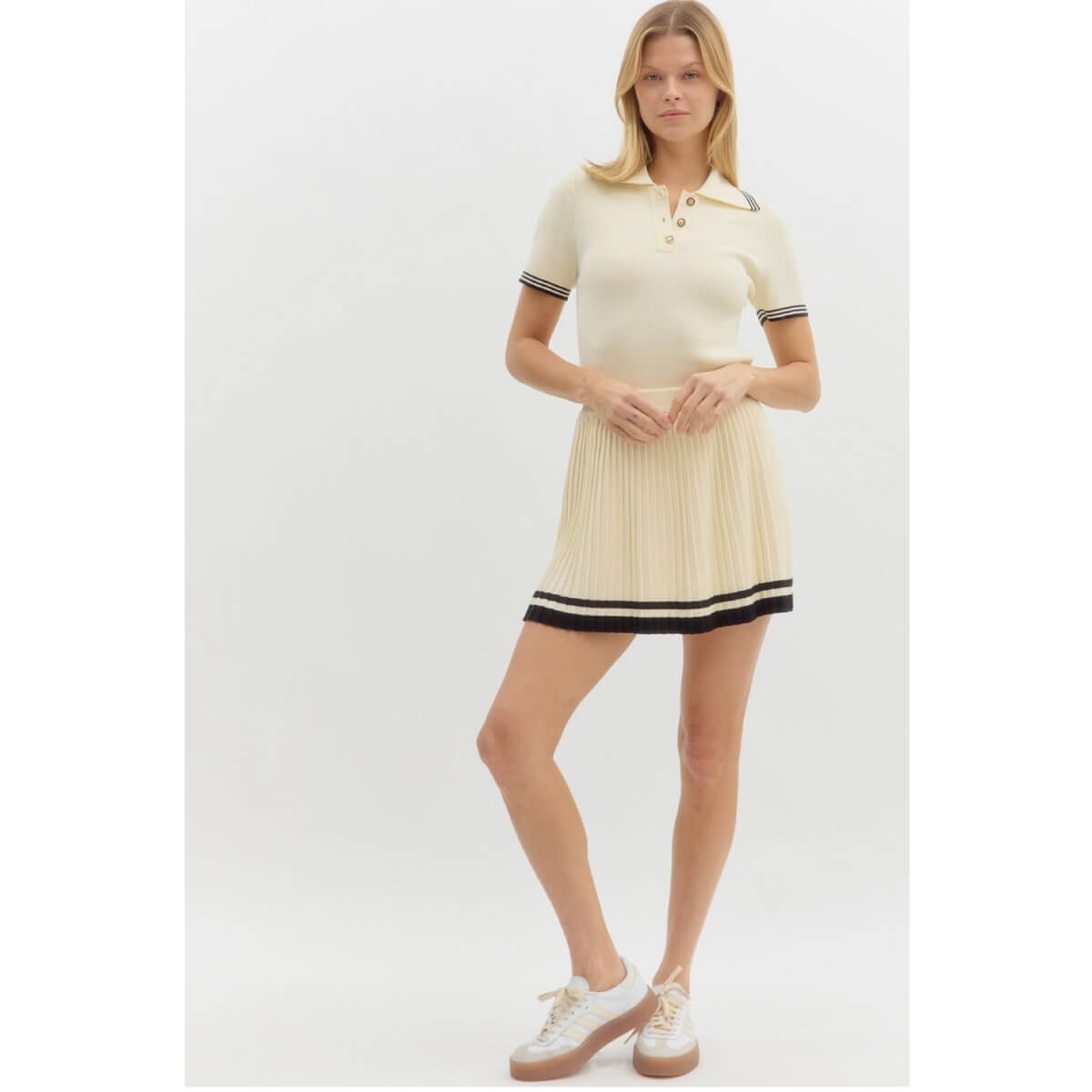 Knit Pleated Tennis Skort cream front | MILK MONEY milkmoney.co | cute clothes for women. womens online clothing. trendy online clothing stores. womens casual clothing online. trendy clothes online. trendy women's clothing online. ladies online clothing stores. trendy women's clothing stores. cute female clothes.