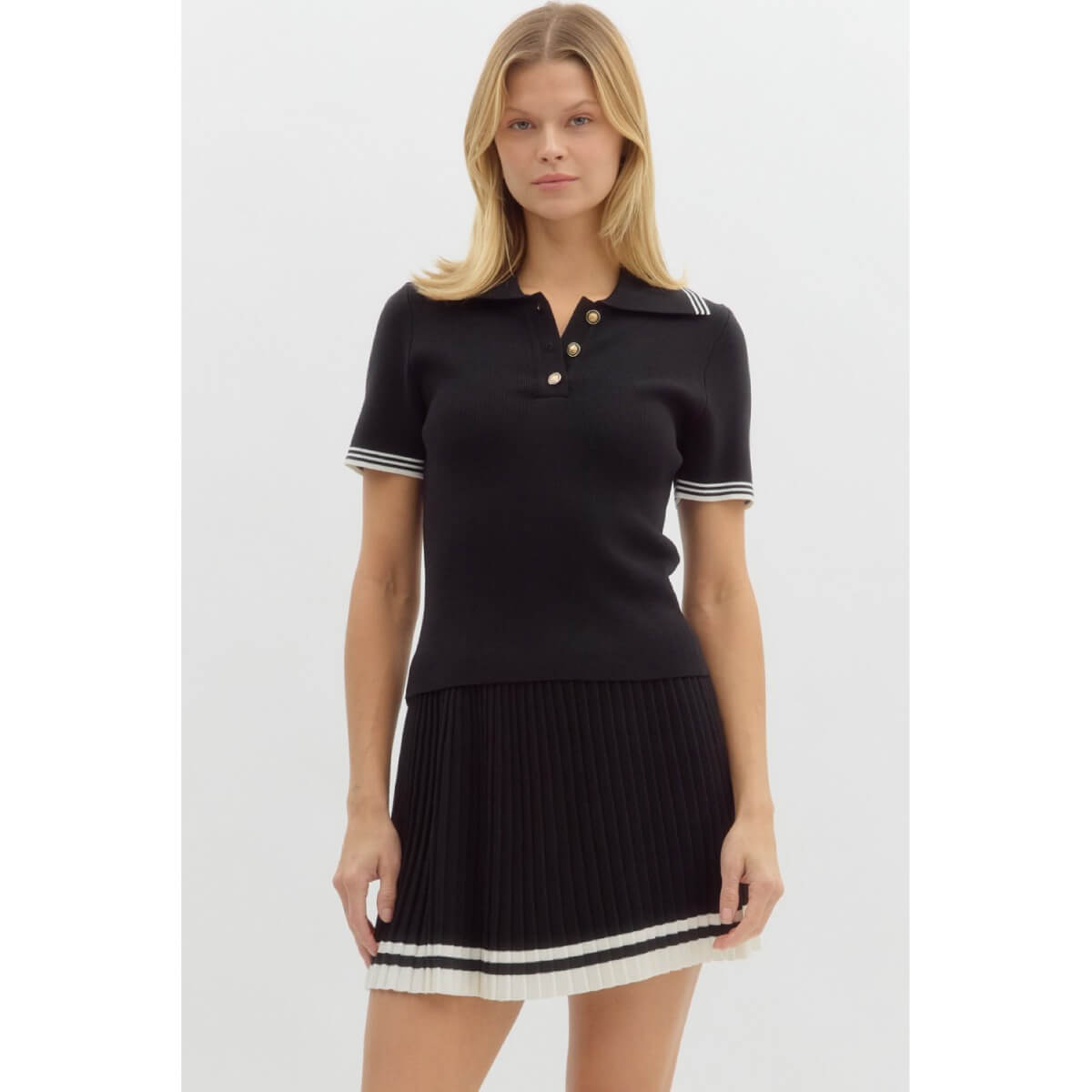 Knit Short Sleeve Polo Top black front | MILK MONEY milkmoney.co | cute tops for women. trendy tops for women. cute blouses for women. stylish tops for women. pretty womens tops.