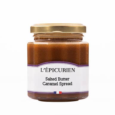 L'Epicurien Salted Butter & Caramel Spread front | MILK MONEY milkmoney.co | white elephant gift ideas, gift, mother's day gift ideas, white elephant gift, gift shops near me, cute home decor, mother's day gift, cute home accents, handmade in USA, elegant home decor