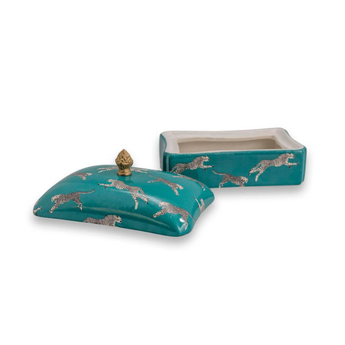 Scalamandré Leaping Cheetah Porcelain Box teal front | MILK MONEY milkmoney.co | Home decor online, Modern home decor, Luxury home furnishings, Best home decor, Home accessories for sale, Living room furniture sets, Kitchen decor ideas, Wall art for home, Bathroom accessories, Vintage home decor, Minimalist home decor