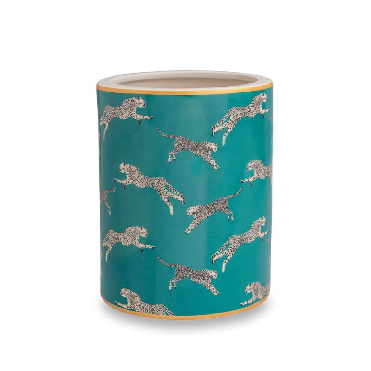 Scalamandré Leaping Cheetah Porcelain Ice Bucket teal front | MILK MONEY milkmoney.co | Home decor online, Modern home decor, Luxury home furnishings, Best home decor, Home accessories for sale, Living room furniture sets, Kitchen decor ideas, Wall art for home, Bathroom accessories, Vintage home decor, Minimalist home decor