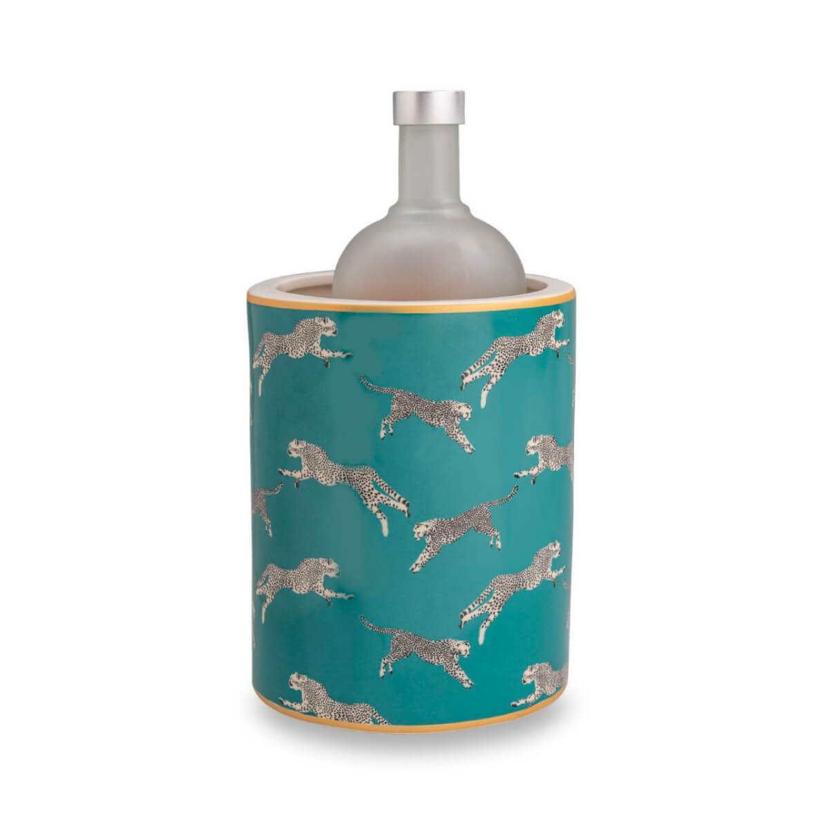 Scalamandré Leaping Cheetah Porcelain Ice Bucket teal front | MILK MONEY milkmoney.co | Home decor online, Modern home decor, Luxury home furnishings, Best home decor, Home accessories for sale, Living room furniture sets, Kitchen decor ideas, Wall art for home, Bathroom accessories, Vintage home decor, Minimalist home decor