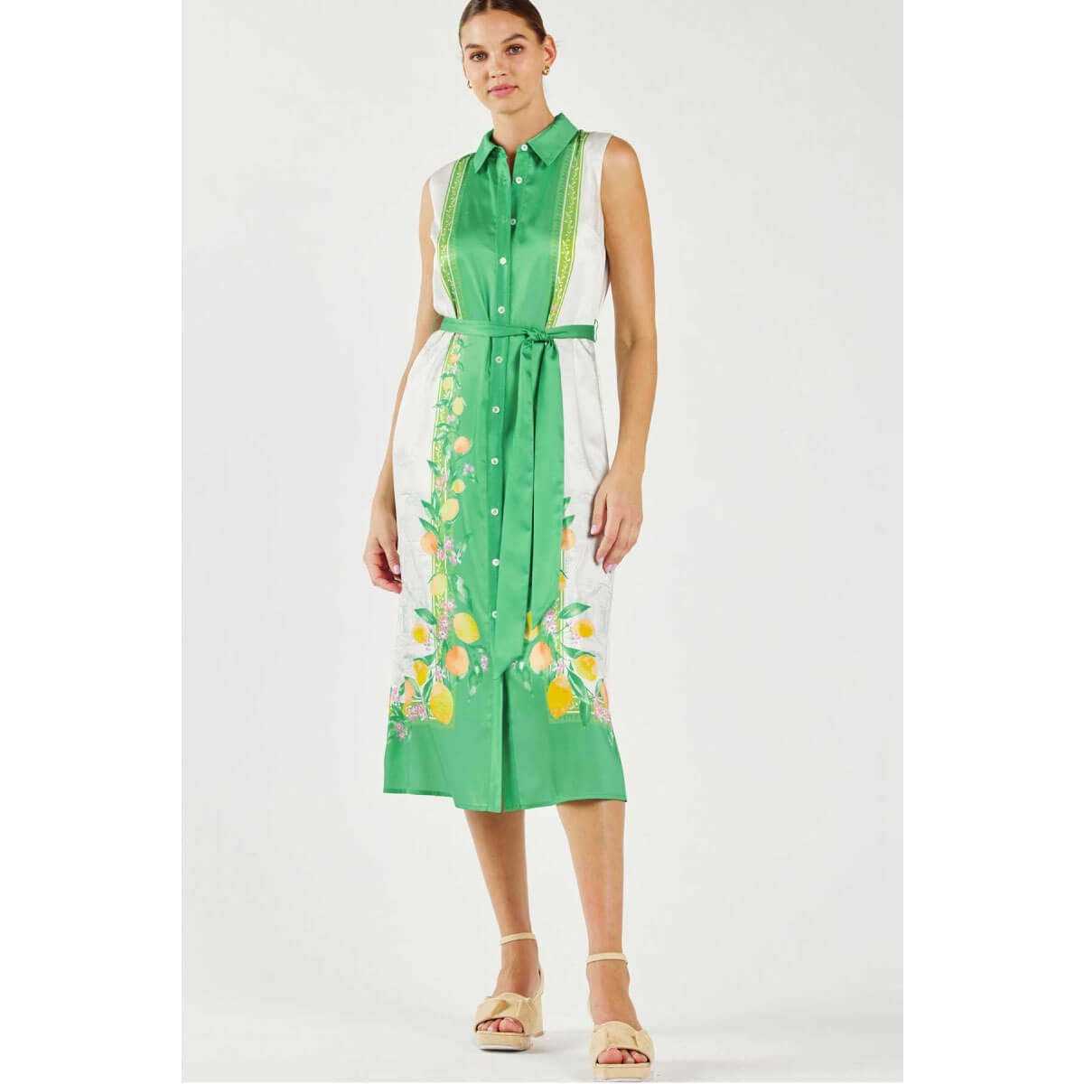 Lemon Garden Print Button Down Shirt Dress green front | MILK MONEY milkmoney.co | cute clothes for women. womens online clothing. trendy online clothing stores. womens casual clothing online. trendy clothes online. trendy women's clothing online. ladies online clothing stores. trendy women's clothing stores. cute female clothes.