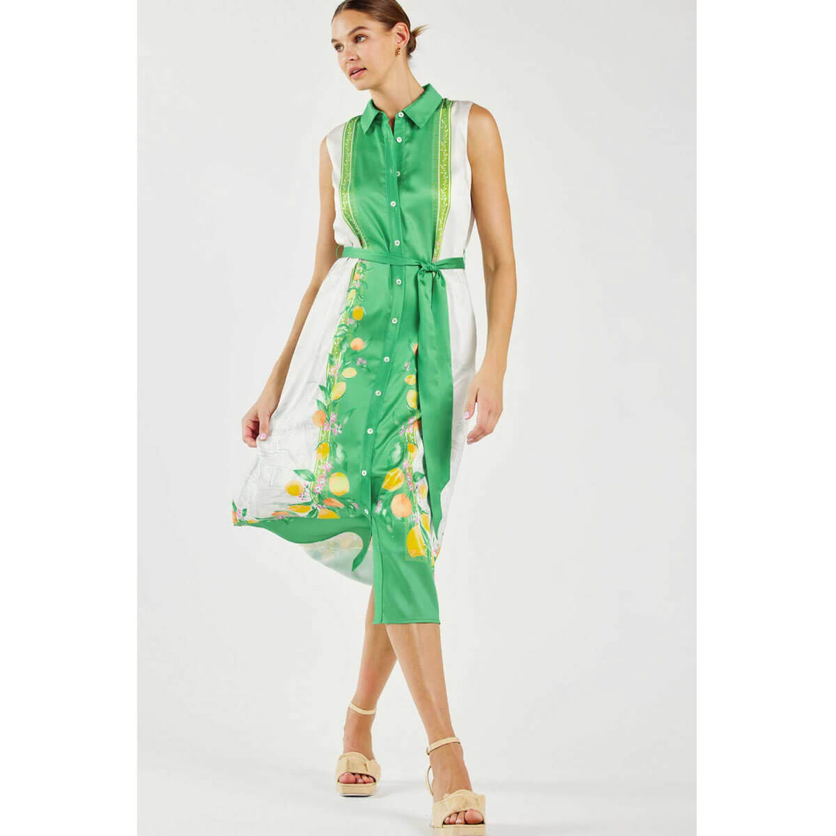 Lemon Garden Print Button Down Shirt Dress green front | MILK MONEY milkmoney.co | cute clothes for women. womens online clothing. trendy online clothing stores. womens casual clothing online. trendy clothes online. trendy women's clothing online. ladies online clothing stores. trendy women's clothing stores. cute female clothes.