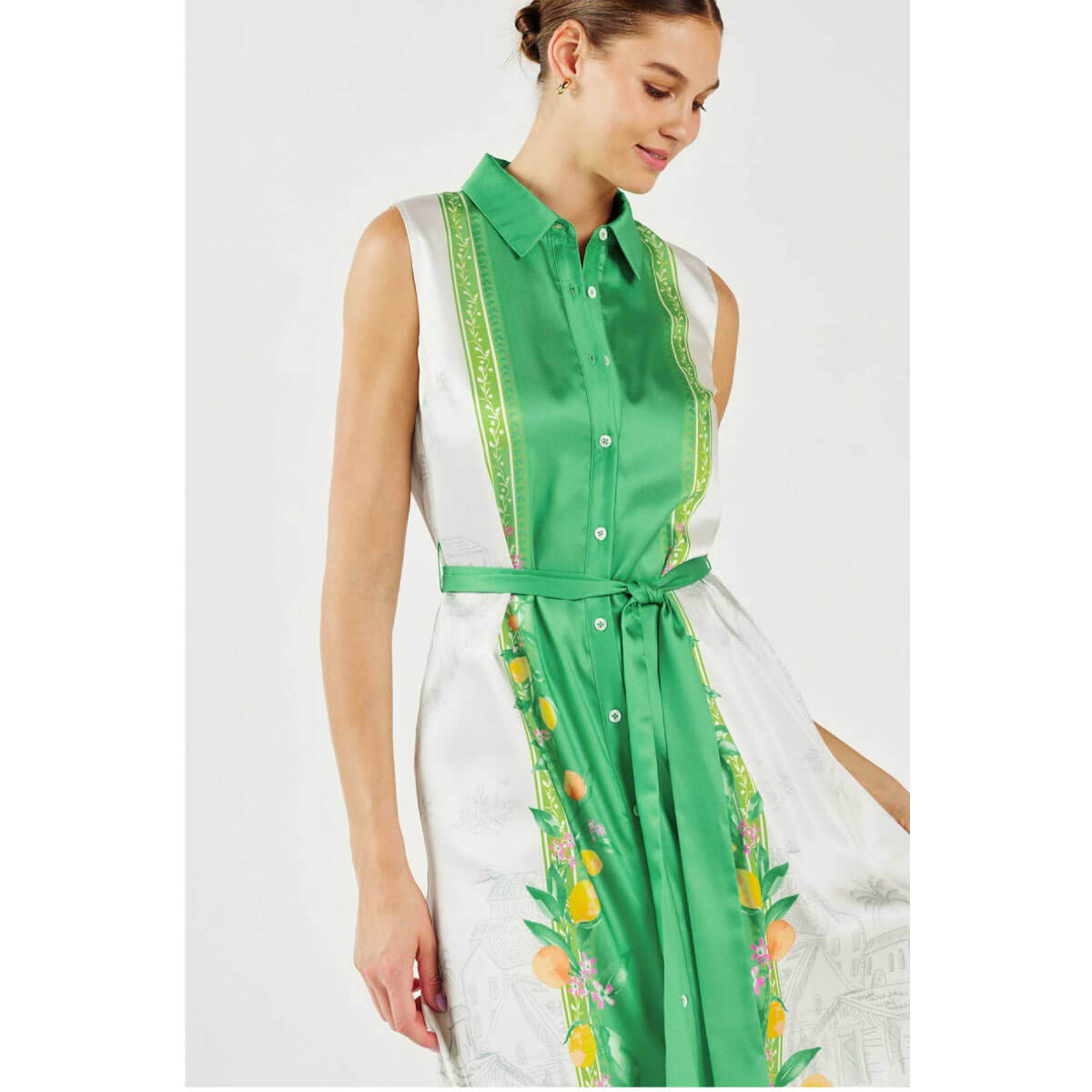 Lemon Garden Print Button Down Shirt Dress green front | MILK MONEY milkmoney.co | cute clothes for women. womens online clothing. trendy online clothing stores. womens casual clothing online. trendy clothes online. trendy women's clothing online. ladies online clothing stores. trendy women's clothing stores. cute female clothes.