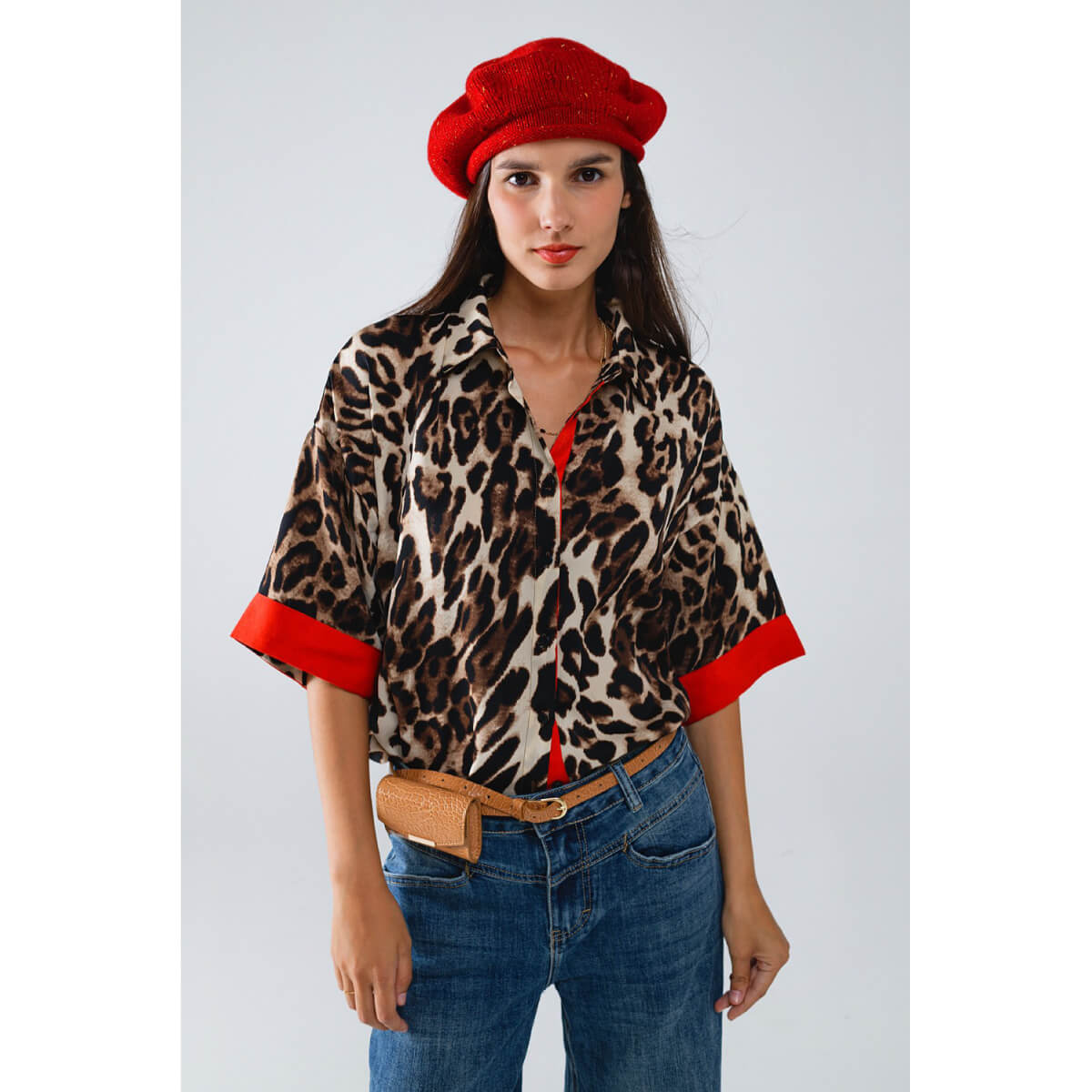 Leopard 3/4 Sleeves Button Up Shirt brown front | MILK MONEY milkmoney.co | cute tops for women. trendy tops for women. cute blouses for women. stylish tops for women. pretty womens tops.